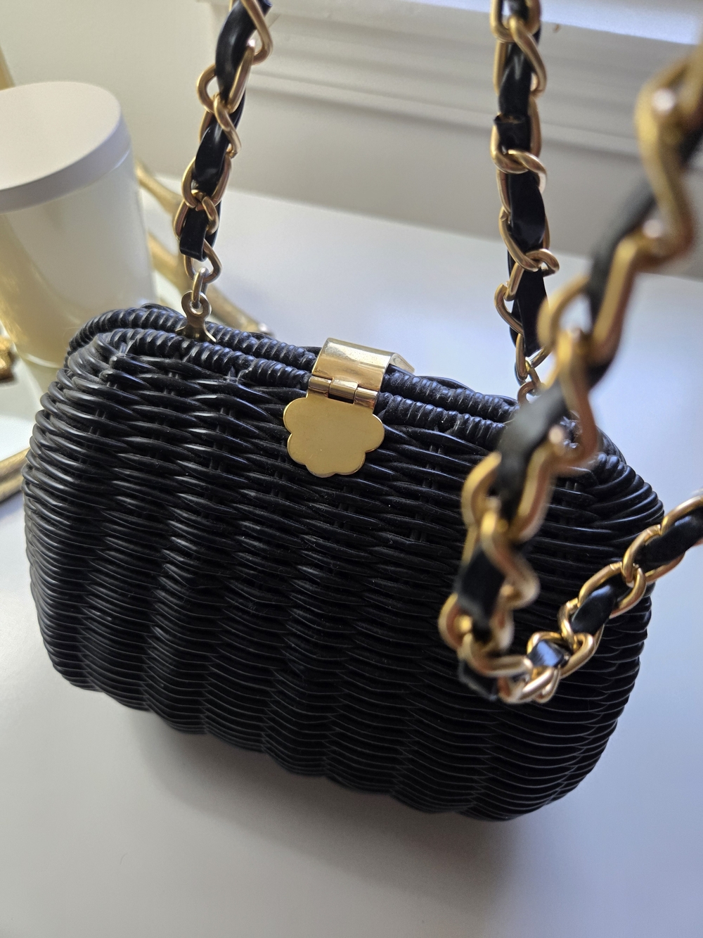 Black Woven Crossbody Bag with Gold Chain Strap - Picture 5 of 8